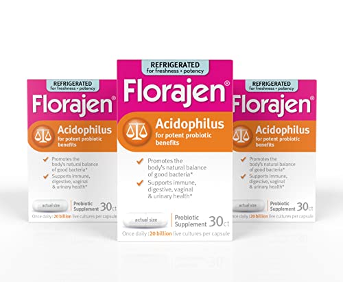 Florajen Acidophilus 20 Billion CFUs Refrigerated Probiotics for Women and Men, Nutritional Supplement, Relieves Occasional Gas, Bloating & Constipation, White, 30 Count, Pack of 3