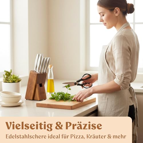 EDELHAUS Messerblock mit Messer - 9 Teiliges Profi Messerset mit Block & integriertem Messerschärfer, Küchenmesser Set aus X50CRMOV15 EDELSTAHL, Edelstahlgriffe Messer Set mit Schere, Akazienholzblock