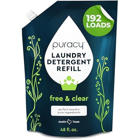 Puracy Liquid Enzyme Laundry Detergent Refill-1,4 Dioxane Free, Natural, Scent-Free Gentle Laundry Detergent Liquid Concentrate Laundry Pouch with Stain Fighting Enzymes 192 loads Free & Clear, 48 oz Cover