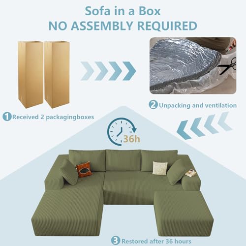 Image of 96 inch Boneless Cloud Sectional Couch Modular Sofa with Ottoman | Modern U-Shaped Couches, Comfy Corduroy Memory Foam Sofas with Oversized Chaise for Living Room (Green,Left-Facing Chaise)