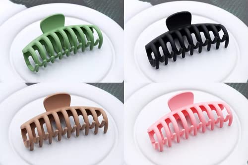 Ajju Korean Matte Large Claw Hair Clips For Women, All Hair Types, Non-Slip Grip, Big Jaw And Strong Hold 4 Pack With Bonus Pack Of 4 Hair Ties (Pink, Khaki, Green, Black) #TOP4