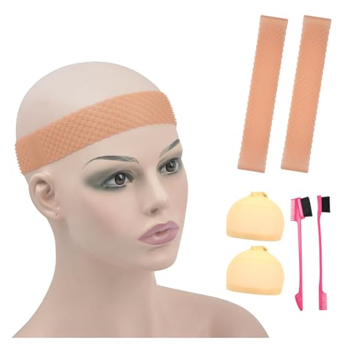 YTBYT 2 Pack Elastic Breathable Non Slip Silicone Wig Grip Bands Set with Stocking Wig Caps and Hair Brush for Women Lace Front Wigs (Brown Red)