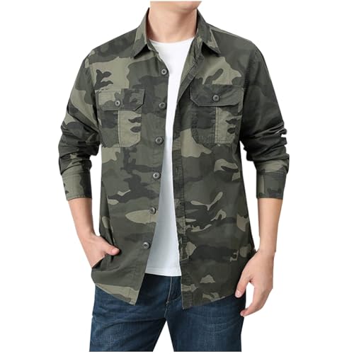 Men's Camo Shirts Jacket Fashion Plus Size Lightweight up Laple Long Sleeves Blouse Tops Cargo Coat Outwear