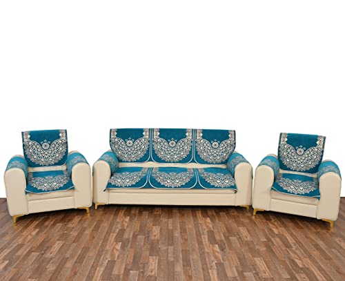 Image of Sky Blue 5 Seater Sofa Cover (3+1+1) with Arm Covers - Premium Stretch Fit, Soft & Durable Couch Protector Soft Fabric Sofa Slipcover (Sky Blue)