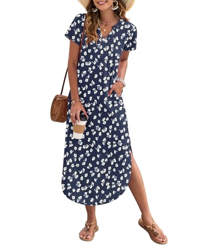 Image of MISFAY Women's Summer Maxi Dress 2026 Casual Short Sleeves V Neck Loose Sundress Split Long Beach T Shirt Dress