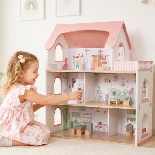 Pink Wooden Doll House with Accessories for Kids