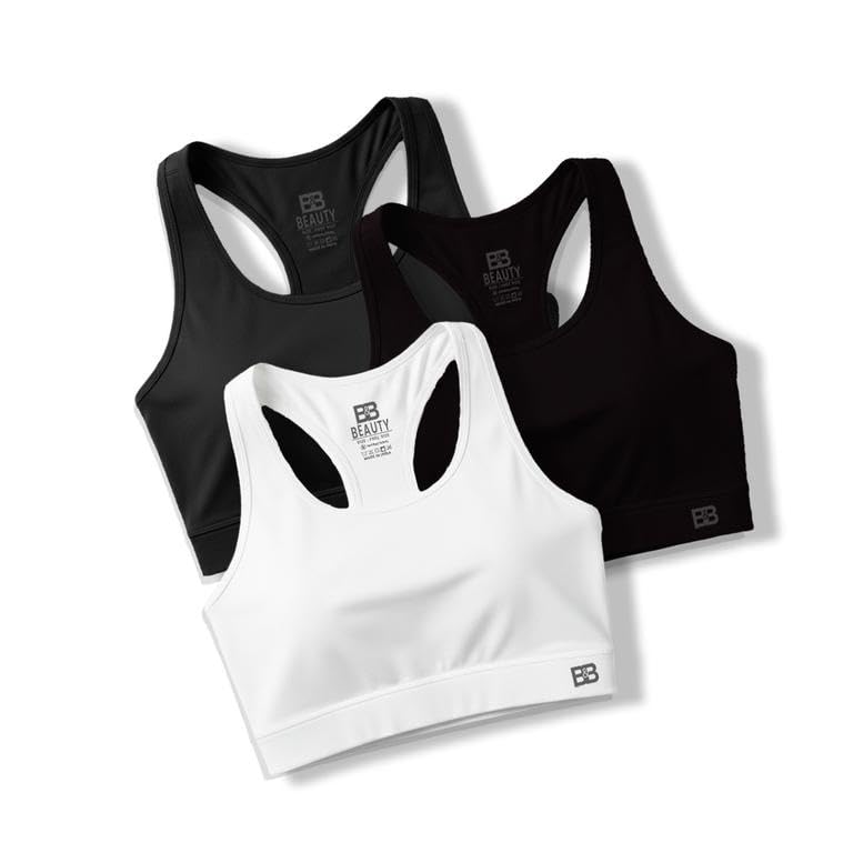 Image of BOLD & BEAUTY Women Cotton Blend Sports Bra with U-Neck, Racerback Style and Regular Straps for Workout, Yoga & Training (Pack of 3)