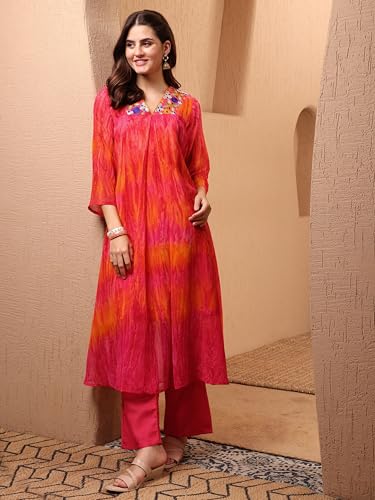 Image of EthnicJunction Women Georgette Relaxed Fit Tie & Dye & Embroidered A-Line Flared Kurta,Summer Kurta,Kurta For Office,Long Kurti