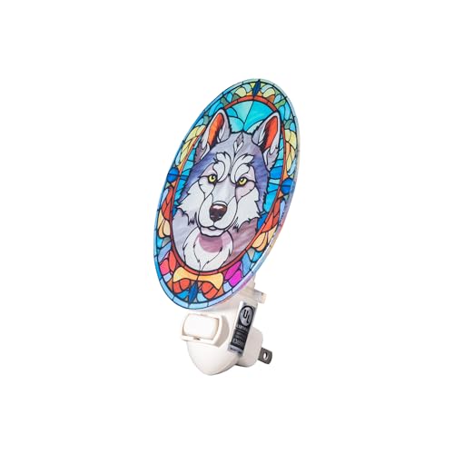 Image of Dog Night Light Husky, Stained Glass Styled Plug-in Wall Nightlight, Bulb Included, Pet Memorial Dog Lover Gift, Bedroom Hallway Bathroom Decor, Manual On /Off Switch