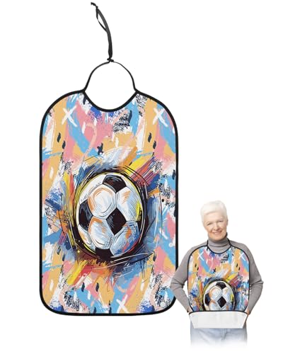 LEOKOTI Soccer Adult Bibs for Eating, Waterproof Bibs with Food Catcher & Adjustable Snap Closure, Yellow Blue Pink Watercolor Abstract Art Sports Washable Clothing Protectors Adult Bibs for Elderly