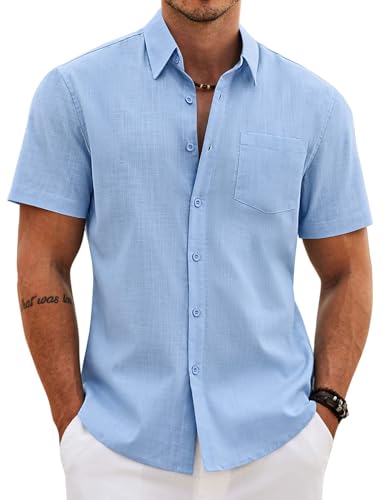Image of COOFANDY Men's Button Down Short Sleeve Shirt Casual Cotton Summer Beach Wedding Linen Shirts with Pocket