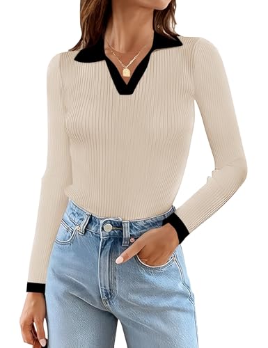 Image of Rapbin Women's V Neck Long Sleeve Ribbed Knit Pullover Sweater Slim Fitted Casual Basic Tee Tops