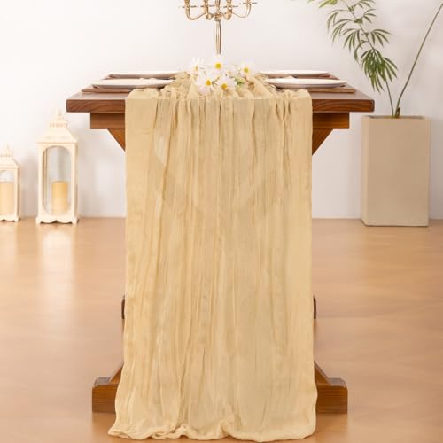 Image of Socomi Gold Champagne Cheesecloth Table Runner Easter Spring Boho Rustic Gauze 120 inch 10FT Cheese Cloth Runner for Wedding Party Baby Shower Birthday Home Decor Holiday Decorations