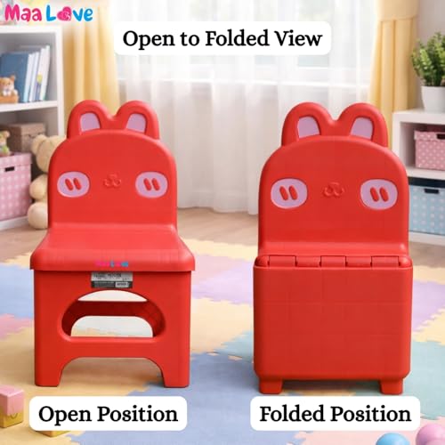 Image of Plastic Foldable Chair for Kids | School Study Chair for Indoor or Outdoor Use for Toddler Kids | Strong & Stable, Safe Rounded Edges | Capacity Up to 40 Kg (Rabbit Red)