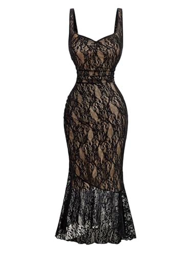 Image of GORGLITTER Women's Lace Bodycon Fishtail Midi Dress Graduation Prom Wedding Guest Y2K Ruched Asymmetrical Summer Dress