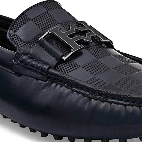 Image of San Frissco Men's Loafers Casual Driving Slip On Leather Shoes Textured Upper Soft Cushioned Footbed with TPR Sole Comfortable Lightweight Flexible for Party, Office 11 (Blue)
