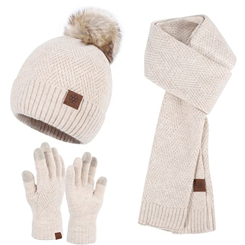 Winter Knitted Hat Scarf Touchscreen Gloves Set Soft Warm Beanie Scarves for Women Men