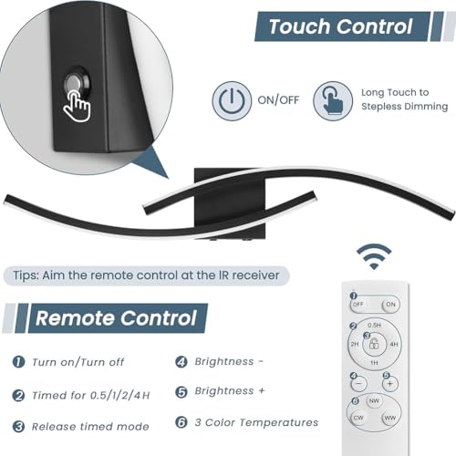 Lámpara de pared LED sin cables interior regulable negra con interruptor táctil 6