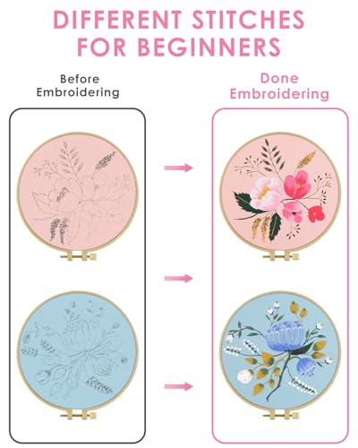 Image of TINDTOP Embroidery Kit for Adult, Flower Embroidery Kit for Beginners | Include Embroidery Cloth Hoops Threads for Craft Lover Hand Stitch with Embroidery Skill Techniques