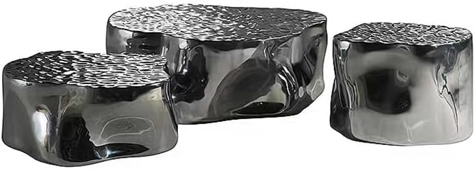 Modern Sculptural Stainless Steel Coffee Table Set – Luxury Water Ripple Metal Accent Tables Contemporary Irregular Designer Tea Table Set for Living Room