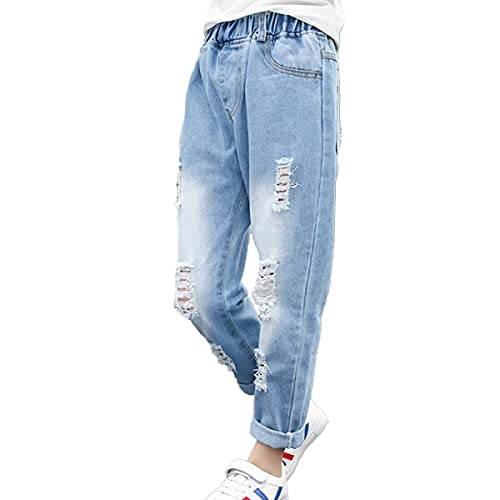 FLOWERKIDS Kids Girls Jeans Distressed Ripped Denim Pants Elastic Waist Trousers Size 4-14 Years3