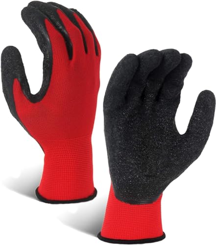 Image of 5Pair Nylon Knitted Latex Rubber Coated Safety Hand Protection Working Gloves For Anti Cut Heat & Fire Resistant Industrial Gloves For Men Women (PACK OF 10Gloves) (RED /BLACK-5PAIR)