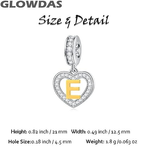 Image of GLOWDAS 18K Gold Plated Letter Charms Initial A to Z Necklace Pendant, 925 Sterling Silver CZ Heart Dangle Alphabet Beads fit European DIY Bracelet, Gifts for Valentiens /Christmas /Family
