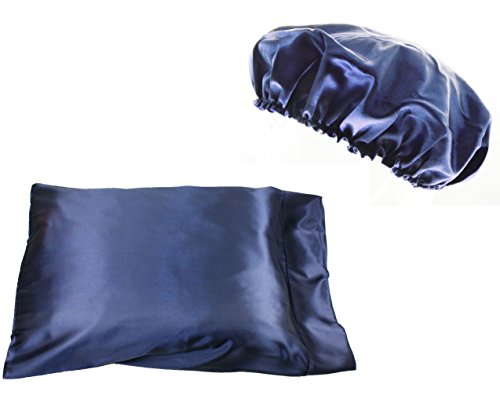 LJL Design 1pc Queen/Standard Silk~y Satin Pillow Case with 2pc Matching Bonnet Set (Navy)
