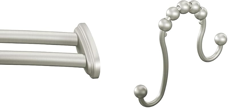 Moen Barra de cortina de ducha ajustable de níquel cepillado de 57 a 60 pulgadas, doble curvada, montada en la pared con soportes fijos, anillos para cortina de ducha DN2141BN y SR2201BN (paquete de 12), níquel cepillado
