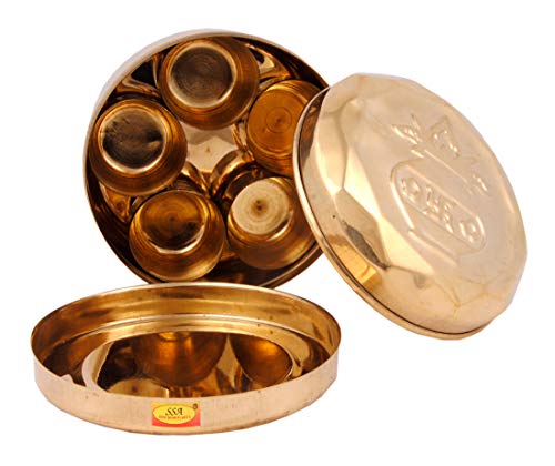 SHIV-SHAKTI-ARTS--Pure-Brass-Mandir-RoliChawalChandanKumkum-Puja-BoxDibbi-with-5-Containers-Small-Diameter-88-cm