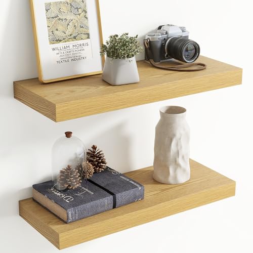 Image of 24 Inch Floating Shelves for Wall, 8 Inch Deep Floating Shelf for Storage & Display, Rustic Wall Mounted Shelf with Invisible Brackets for Living Room, Kitchen, Bathroom, Home Decor, Set of 2, Oak