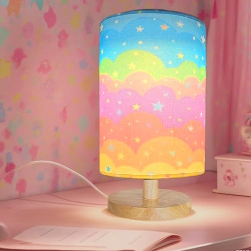 GFTDNS Kids Table Lamp for Bedroom Rainbow Lamp 3 Level Dimmable Wood Nightstand Desk Base Flaxen Fabric Shade for Bedroom Living Room Rainbow Lamp Gifts for Girls (Colorful)