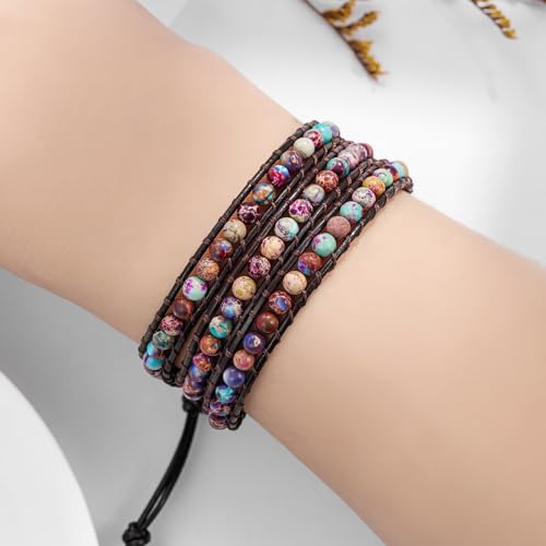 Image of Plumiss Women Boho Handmade Natural Stone Crystal Leather Bead Wrap Bracelets Collection