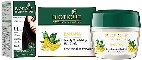 Biotique Bio Herbcolor Conditioning Hair Color, 50g + 110ml – Darkest Brown 3N (Pack of 1) & Biotique Banana Deeply Nourishing Hair Mask for Normal to Dry Hair, 175g