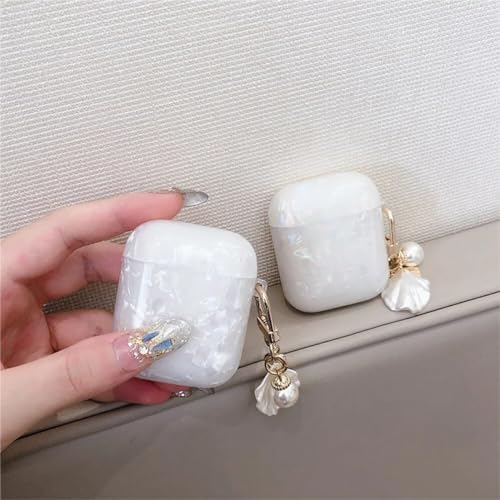 Image of OTOPO for Cute Airpods 2nd /1st Generation Case Girl Women with Cleaner Kit, Glitter Shell Pattern Apple iPods 2 /1 Gen Protective Cover Skin with Pearl Shell Keychain, White