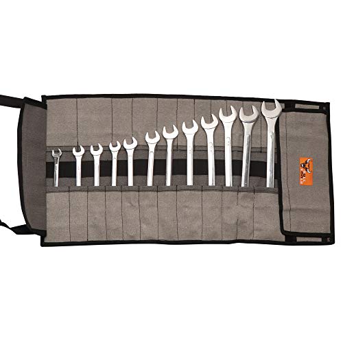 BULL TOOLS 35 Pocket Wrench Roll Up Pouch Metric & Standard Wrench Set Organizer & Roll-Up Pouch Tool Bag Hand Made of 100% Cotton Canvas - Sand Washed Black/Grey - (Tools are not Included)