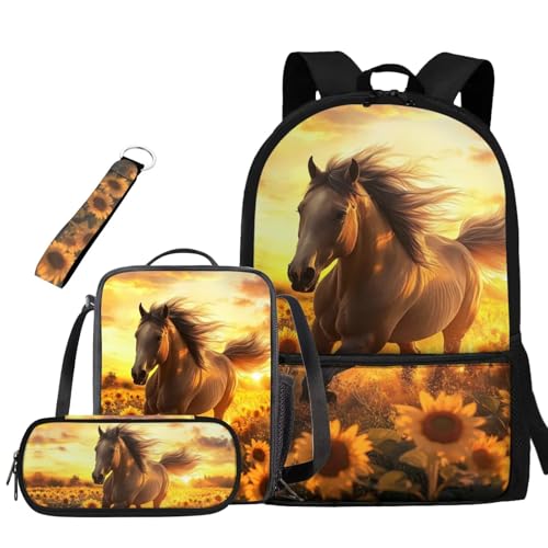 Horse School Backpack for Men with Water Bottle Pocket Sunflower Bookbag for Girls Large Capacity School Bag with Lunch Box Pencil Case and Key Ring 4 in 1 Set Back to School Gifts for Kids