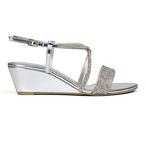 ESSEX GLAM Womens Low Heel Wedge Sandals Ladies Diamante Straps Silver Shoes Size 6
