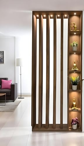 Image of Australian Handicrafts 72x40 Inch Sagwan Wood Partition | Modern Wooden Room Divider with Vertical Slats & Display Shelves Living Room & Dining Room Separator Home Decor Partition Rack (No Lights)