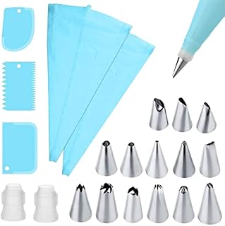 Piping Bags and Nozzles Set of 21 Pcs with 2 Converters, 14 Stainless Steel Piping Nozzles, 2 Reusable Piping Bags,3 Plastic Scrapers for Decorating Cakes & Cupcakes