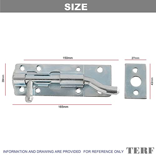 TERF Door Bolt, Necked Tower Type, 150mm/6'', Galvanized Steel, Pack of 2 with Screws, 150mm / 6 inch - Image 3