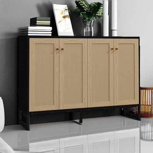 Panana FRSB61ACC Sideboard Accent Storage Cabinet With Rattan Decorated 4 Doors Dining Room Freestanding Kitchen Buffet Table Cupboard thumb #5
