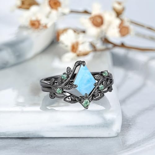 1.5CT Kite Cut Gemstone Engagement Ring Set Sterling Silver Black Gold Plated Inspired Leaf Gemstone Birthstone Wedding Ring Set for Women Anniversary Christmas Gift Size 4-152