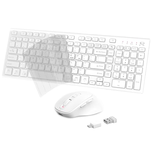 Wireless Keyboard Mouse Combo, USB Type C Rechargeable Slim Silent White Keyboard Mouse, Compact Full-Size Keyboard with Number Pad for Windows and macOS, PC/Computer/Laptop (Keyboard Cover Included)