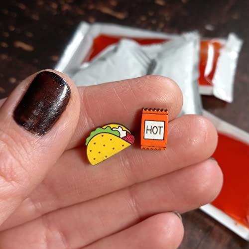 Taco Supreme & Hot Sauce Packet Mismatch Wood Stud Earrings Funny Mismatched Mexican Food Jewelry #TOP3