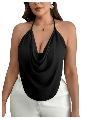 Women's Plus Size Halter Tops for Women Draped Cowl Neck Sleeveless Asymmetrical Crop Low Cut Cami Tops