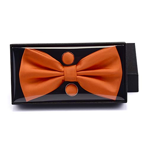 Gusleson Mens Solid Orange Bow Tie Pre-Tied Bowtie And Pocket Square Cufflink Set For Wedding (0570-18) #TOP4
