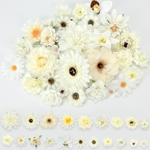 CiShow 30 Pcs Artificial Flowers Heads, Handmade Flower Decor, Realistic Fake Daisy Peony Flowers Heads, Cake Decorations Flowers, Mix Small Fake Flower Heads for Wedding Wreath Hairpin Craft