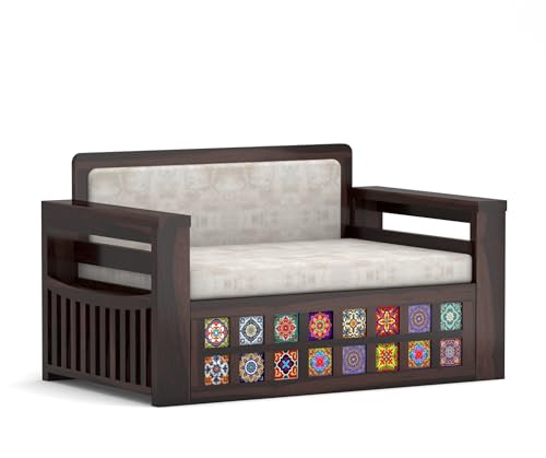 Image of Solid Wood Sofa Cum Bed with Decorative Tile Design | Modern Pull-Out Wooden Diwan Bed with Cushioned Seating | Convertible 2 Seater Sofa Bed for Living Room (Walnut Finish)