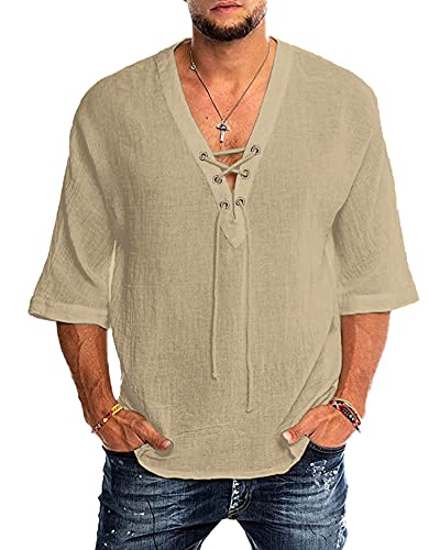 YAOBAOLE Chemise Homme Decontracte Chemise Homme Manches 3/4 Été Vintage Médiévale Henley Shirt Hommes Kaki XL